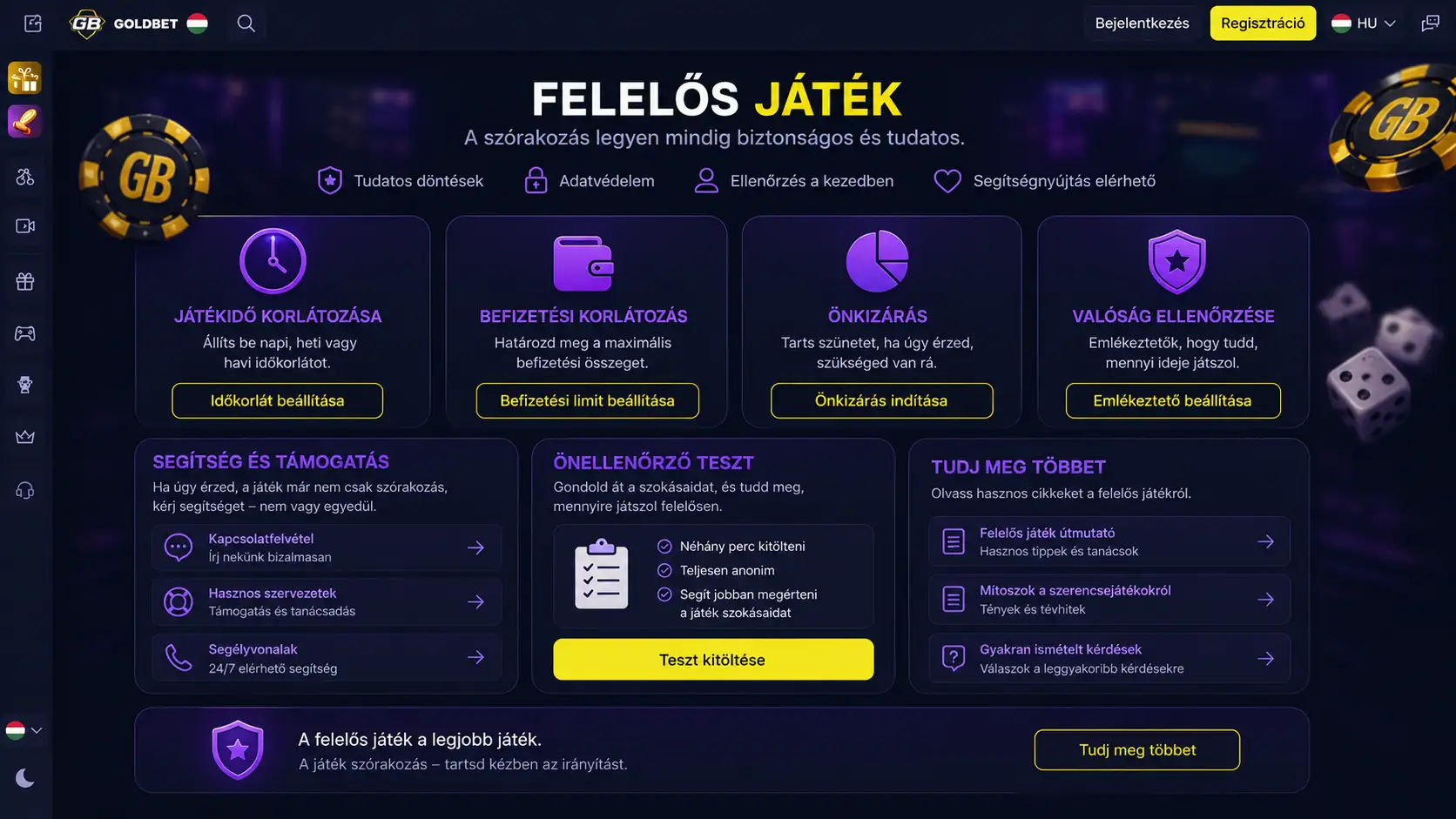 Goldbet felelős játék felülete — befizetési limit, játékidő, önkizárás, valóság ellenőrzése